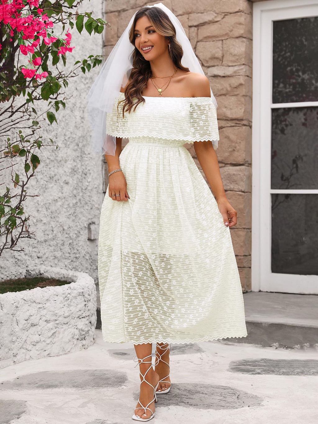 Atnlewhi Womens Lace Floral Off The Shoulder Ruffle Wedding Guest Maxi Dresses for Party Cocktail