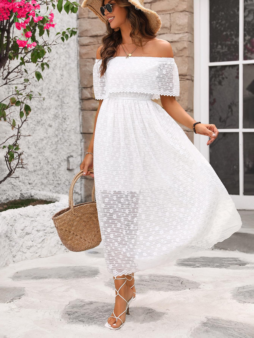 Atnlewhi Womens Lace Floral Off The Shoulder Ruffle Wedding Guest Maxi Dresses for Party Cocktail