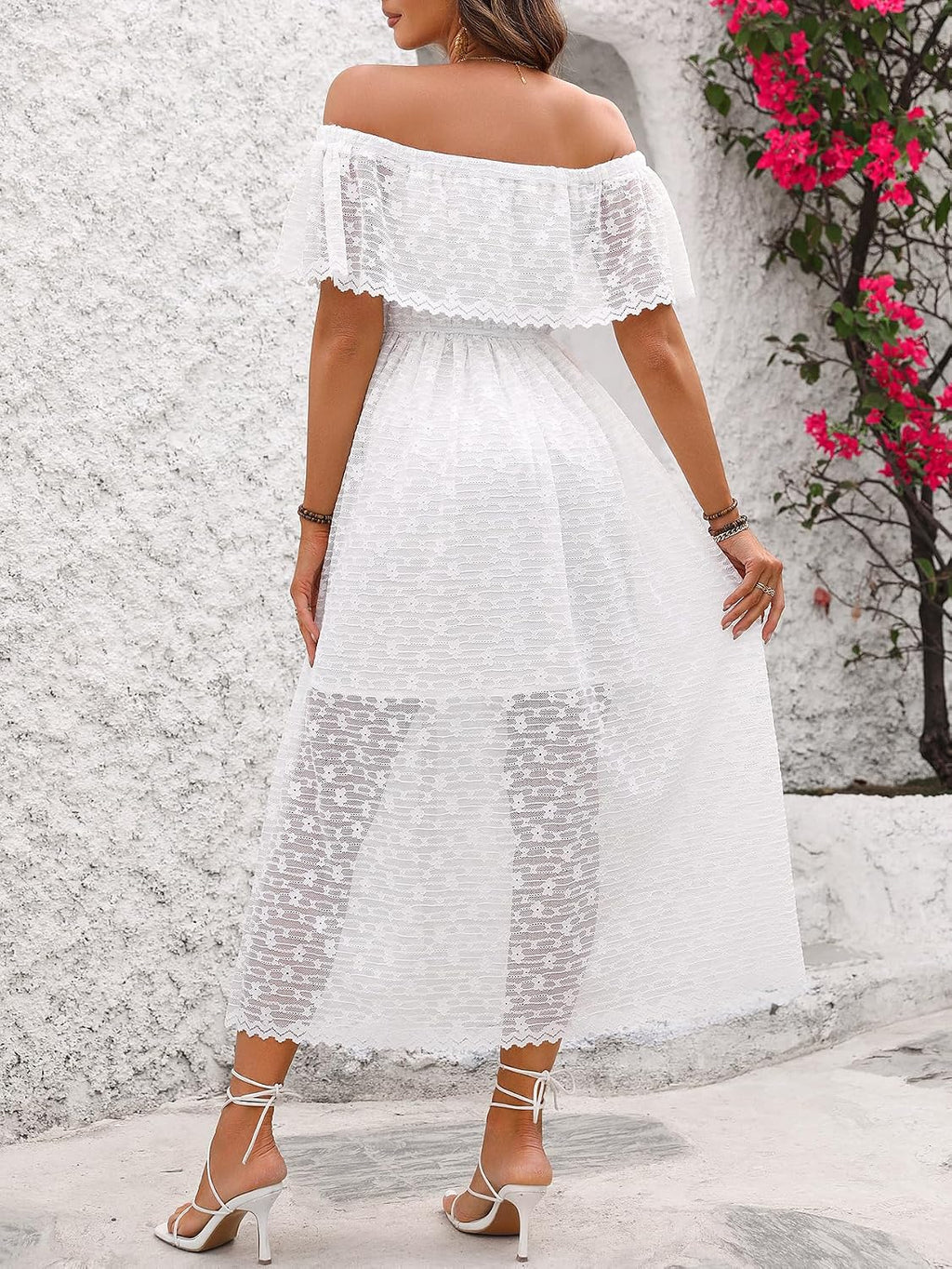 Atnlewhi Womens Lace Floral Off The Shoulder Ruffle Wedding Guest Maxi Dresses for Party Cocktail