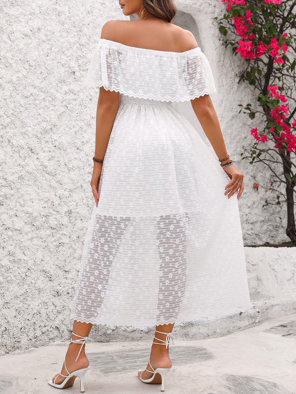 Atnlewhi Womens Lace Floral Off The Shoulder Ruffle Wedding Guest Maxi Dresses for Party Cocktail