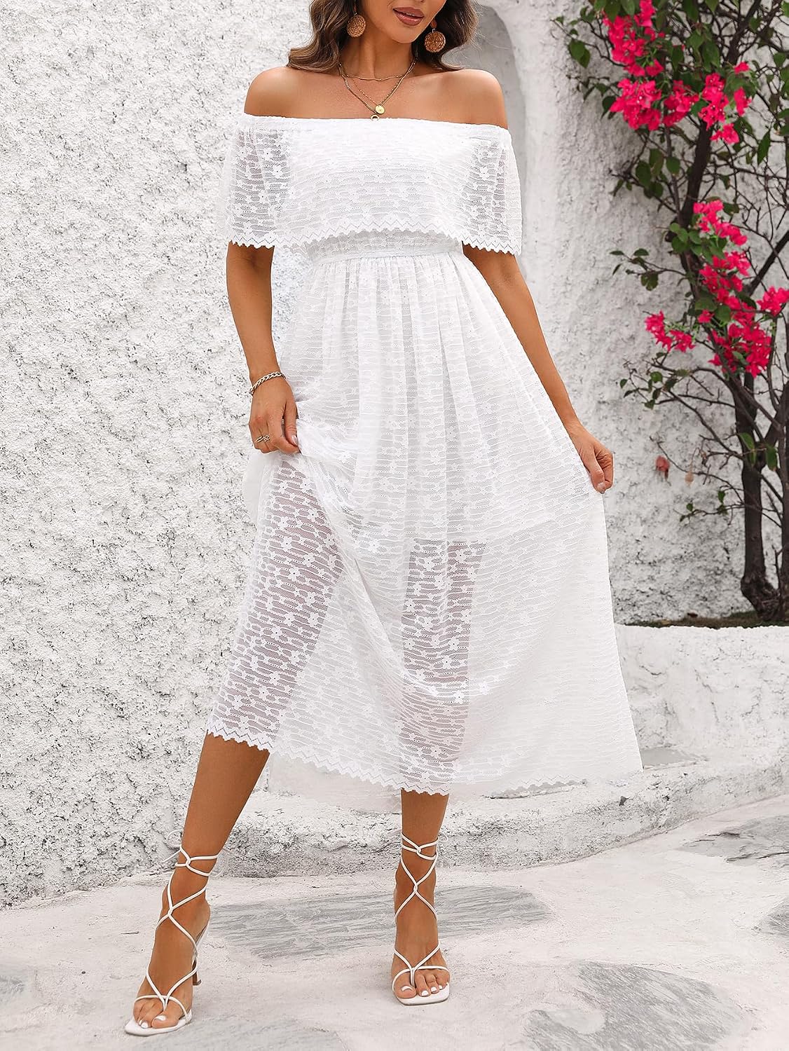 Atnlewhi Womens Lace Floral Off The Shoulder Ruffle Wedding Guest Maxi Dresses for Party Cocktail