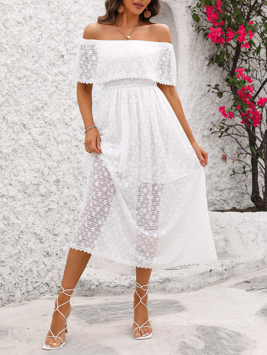 Atnlewhi Womens Lace Floral Off The Shoulder Ruffle Wedding Guest Maxi Dresses for Party Cocktail