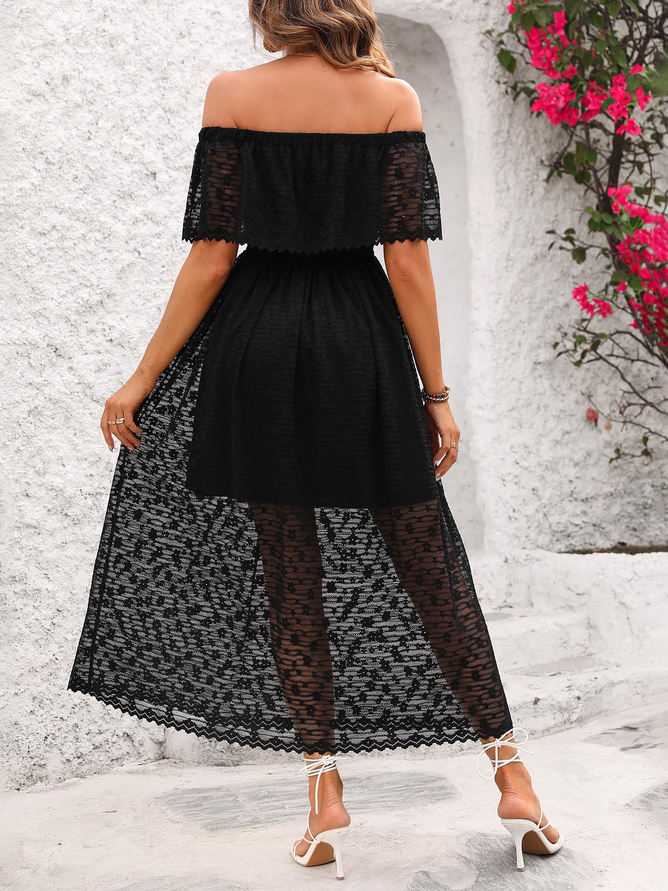 Atnlewhi Womens Lace Floral Off The Shoulder Ruffle Wedding Guest Maxi Dresses for Party Cocktail