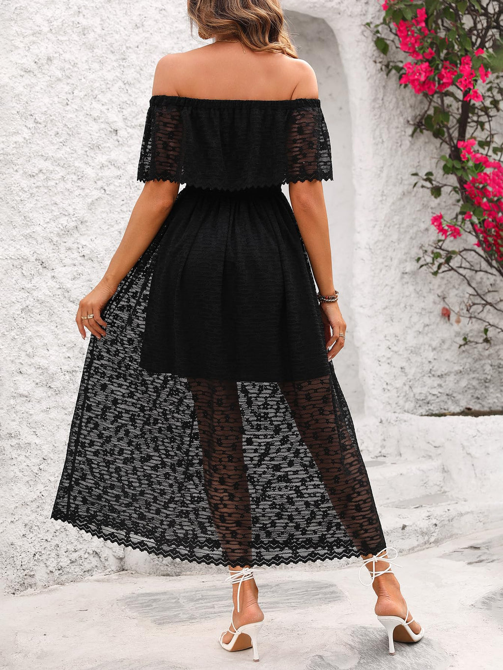 Atnlewhi Womens Lace Floral Off The Shoulder Ruffle Wedding Guest Maxi Dresses for Party Cocktail