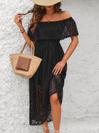 Women's Off Shoulder Lace Maxi Dress – Floral Ruffle A-Line Wedding Guest Dress