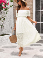 Women's Off Shoulder Lace Maxi Dress – Floral Ruffle A-Line Wedding Guest Dress