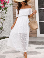 Women's Off Shoulder Lace Maxi Dress – Floral Ruffle A-Line Wedding Guest Dress