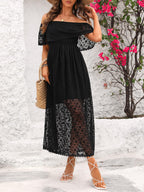 Women's Off Shoulder Lace Maxi Dress – Floral Ruffle A-Line Wedding Guest Dress