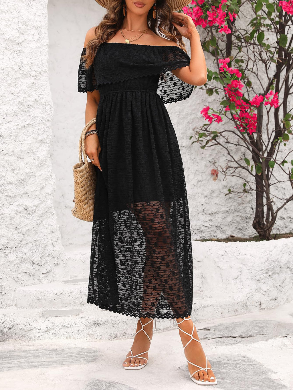 Atnlewhi Womens Lace Floral Off The Shoulder Ruffle Wedding Guest Maxi Dresses for Party Cocktail
