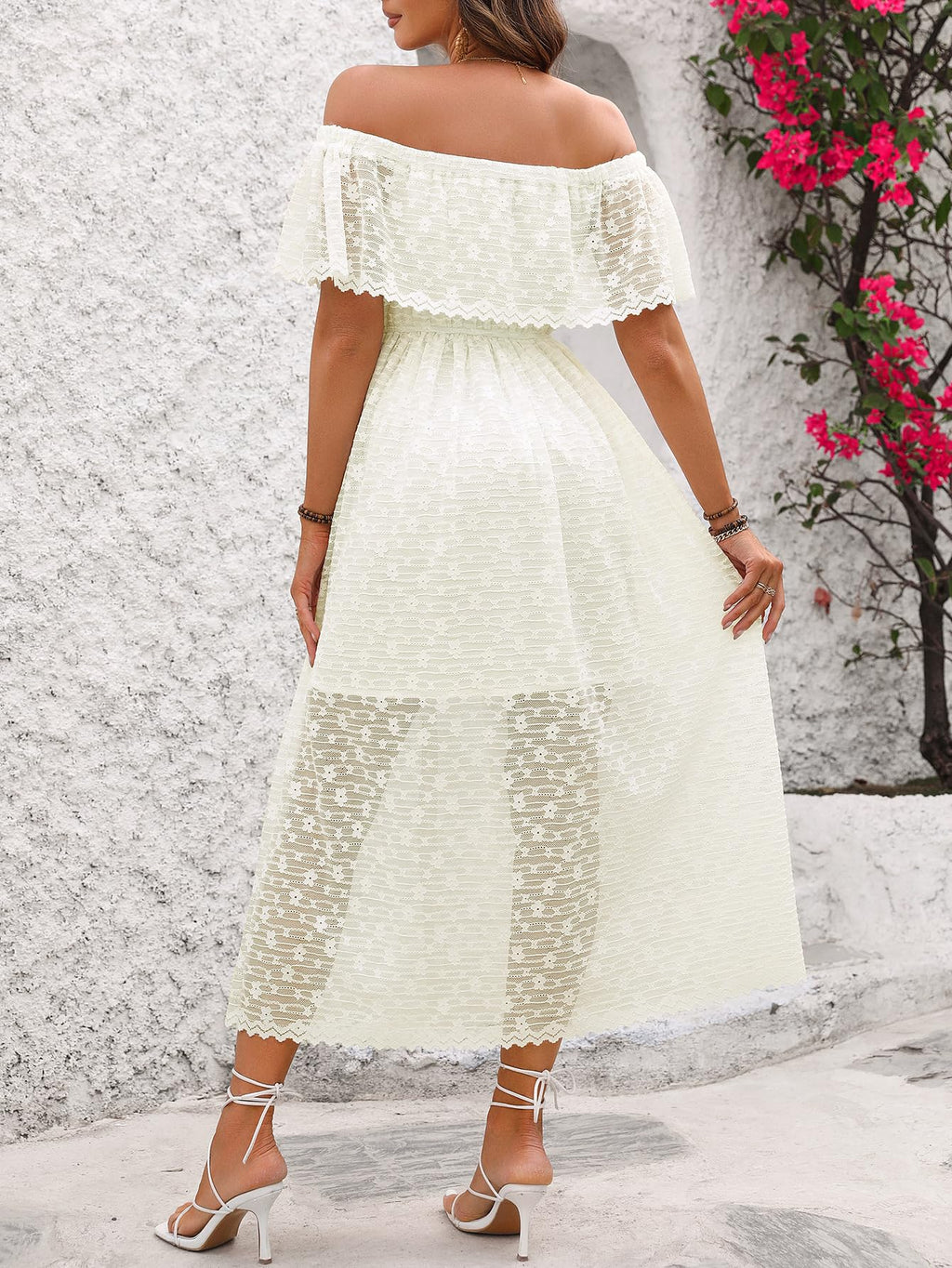 Atnlewhi Womens Lace Floral Off The Shoulder Ruffle Wedding Guest Maxi Dresses for Party Cocktail