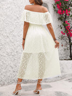 Women's Off Shoulder Lace Maxi Dress – Floral Ruffle A-Line Wedding Guest Dress