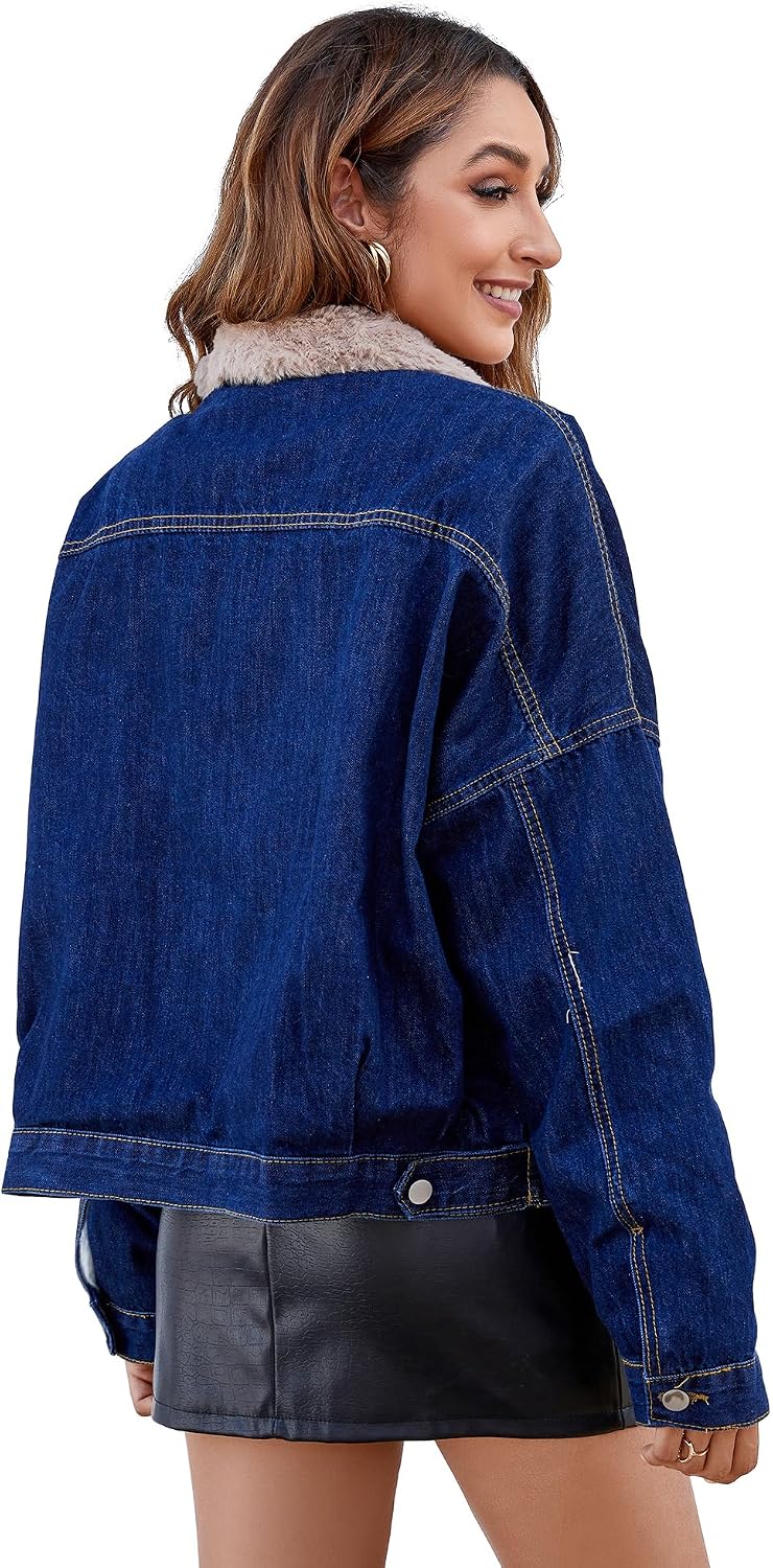 Atnlewhi Women's Retro Sherpa Lined Warm Denim Jean Jacket Thicker Jacket Coats with Pockets