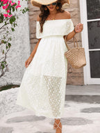Women's Off Shoulder Lace Maxi Dress – Floral Ruffle A-Line Wedding Guest Dress