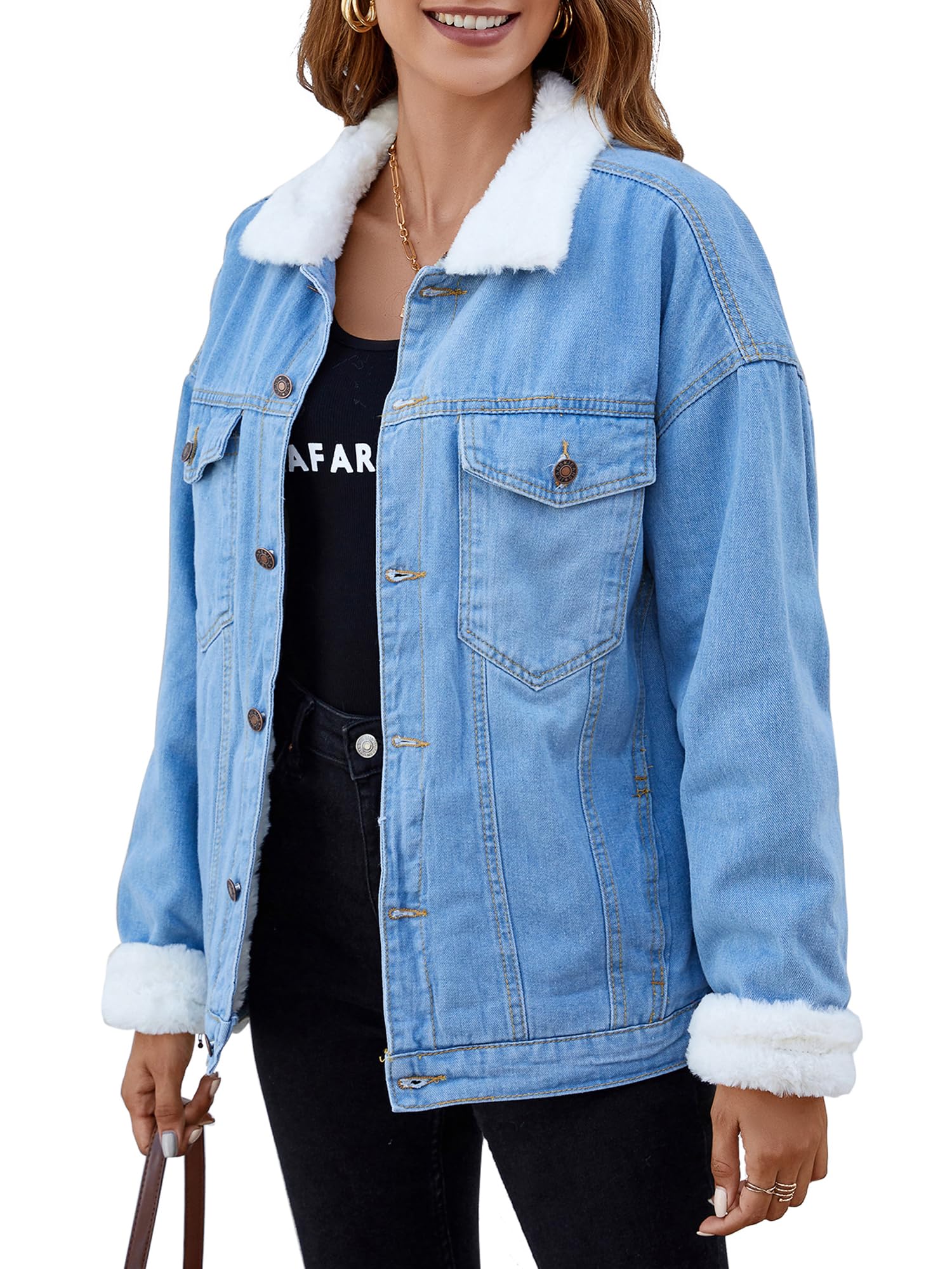 Atnlewhi Women's Retro Sherpa Lined Warm Denim Jean Jacket Thicker Jacket Coats with Pockets